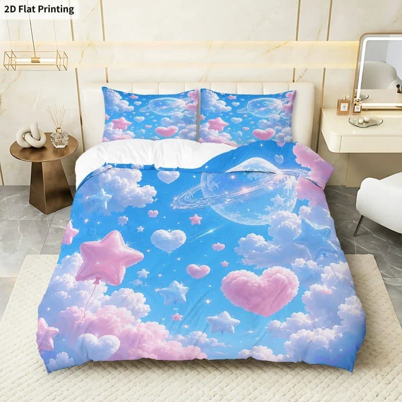 2D Flat Printing 3PCS Duvet Cover, 1 Duvet Cover + 2 Pillowcases (Without Filler), Starry Sky Cloud Heart Theme