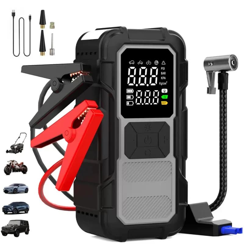 Avviatore d'Emergenza 2-in-1 per Auto con Compressore d'Aria e Power Bank, Caricabatterie Portatile per Veicoli con Torcia LED, Ricarica Rapida