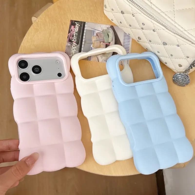 3D Wavy Cloud Cream Puff Phone Case For iPhone 17 16 13 Pro Max 11 12 18 15 14 Plus Pillow Quilt Down Jacket Soft Silicone Cover