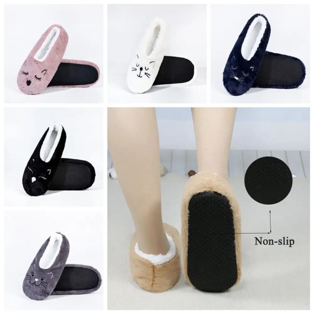 Casual Anti-Slip Slipper Socks Women Soft Cartoon Cat Thicken Thermal Socks Warm Indoor Shoes Fleece Floor Socks Snow