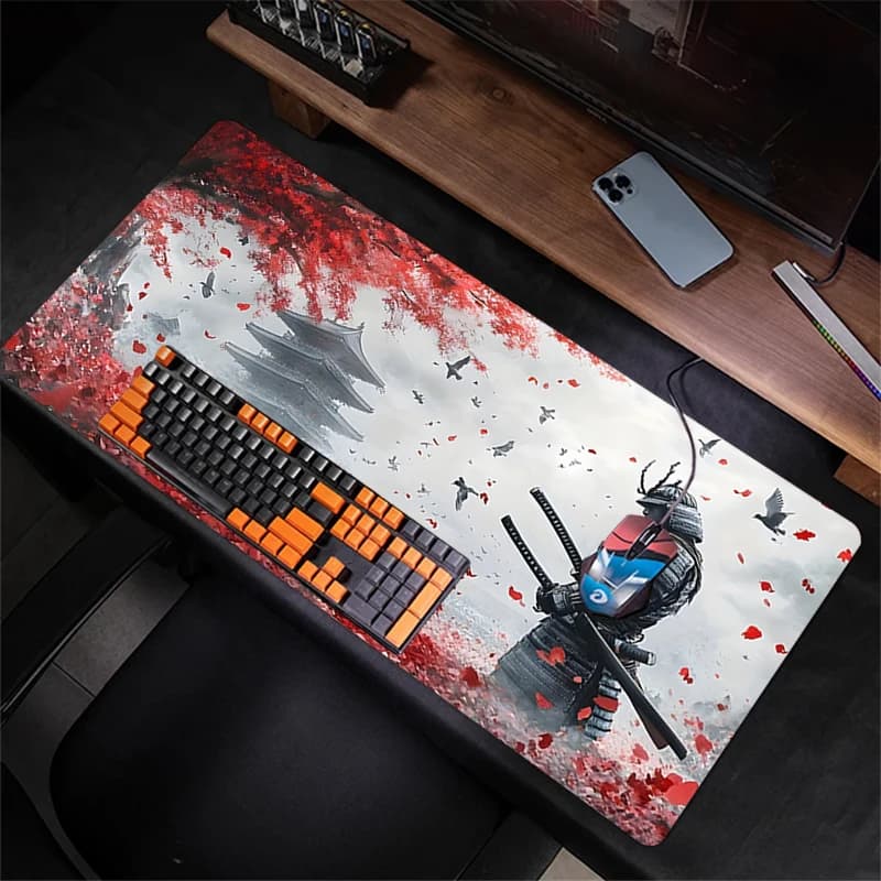 Tappetino per mouse da gioco in gomma di grandi dimensioni, design Samurai, lavabile, antiscivolo, per ufficio e e-sport, tappetino da scrivania, accessori per desktop