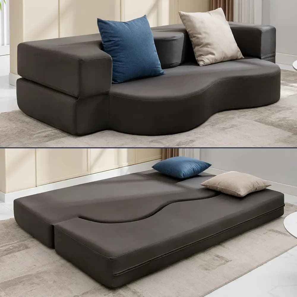 Queen Size Sofa Bed, 2-in-1 Convertible Couch with High-Density Foam, Washable Cover for Living Room or Guest Room, Faux Leather