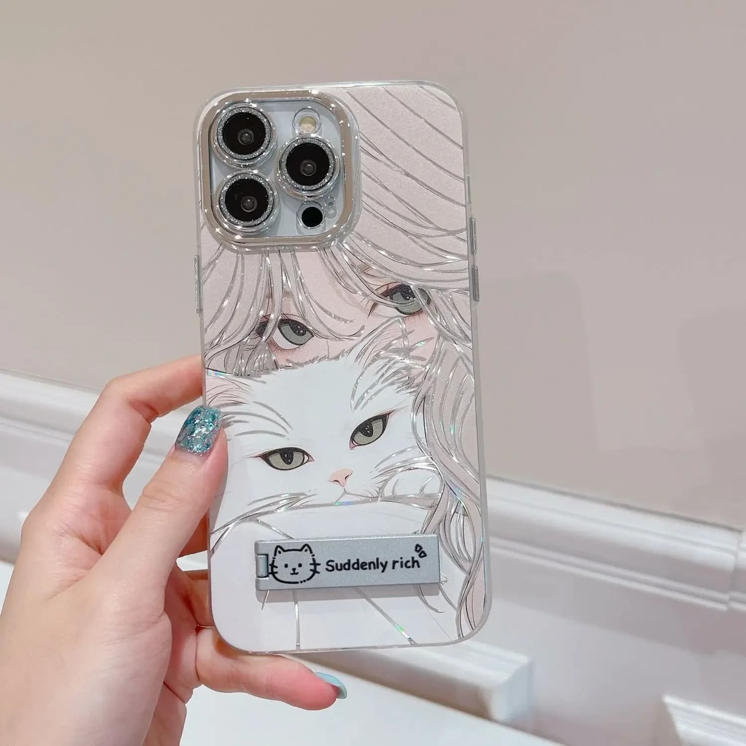 Custodia per telefono Anime Girl Cute Cat per iPhone 16 15 14 Plus 13 12 11 Pro Max X Xs XR 8 7 Cover rigida con struttura in piuma con supporto