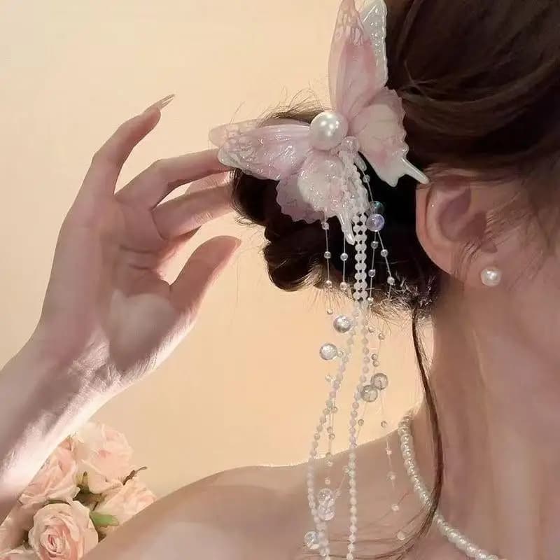 Fermaglio per capelli lungo con perline e farfalla, design a nappa, per donna, stile fatato, per abiti da fidanzamento