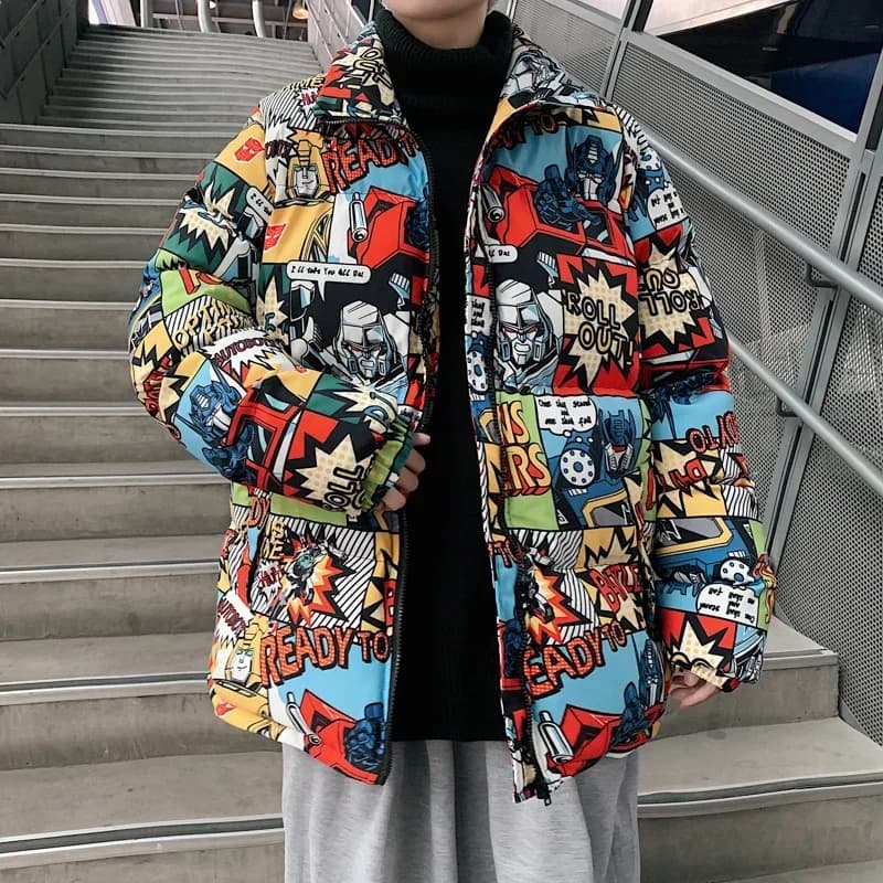Hip Hop Graffiti Stampa cartoon Parka Cappotti Uomo Streetwear Harajuku Uomo Inverno Addensare Giacca imbottita in cotone con cerniera calda Donna