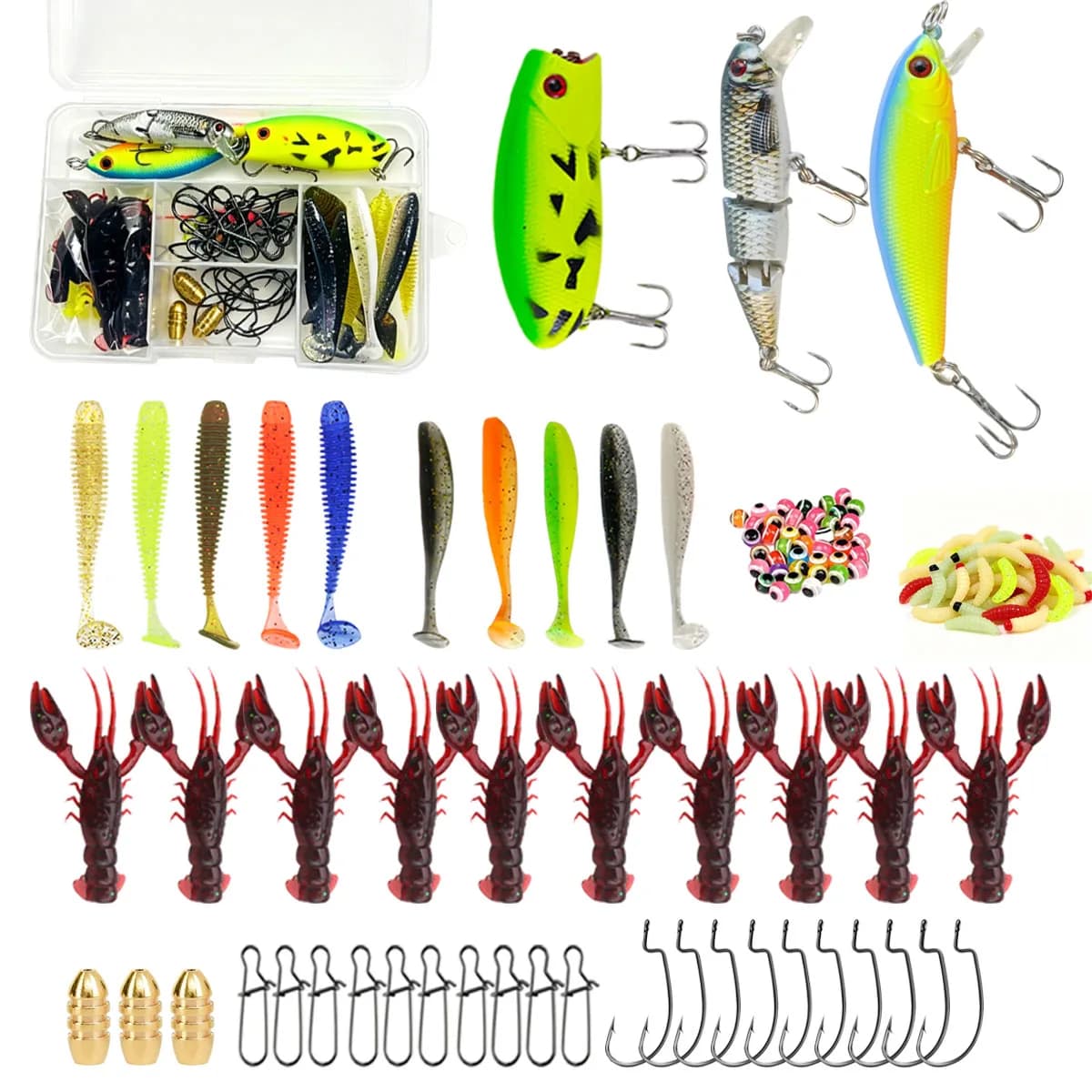 Fishing Lures Tackle Box Kit Hard Popper Minnow Swimbaits Soft Crawfish Worms Jig Hooks Sinker Weights Beads for Bass Trout