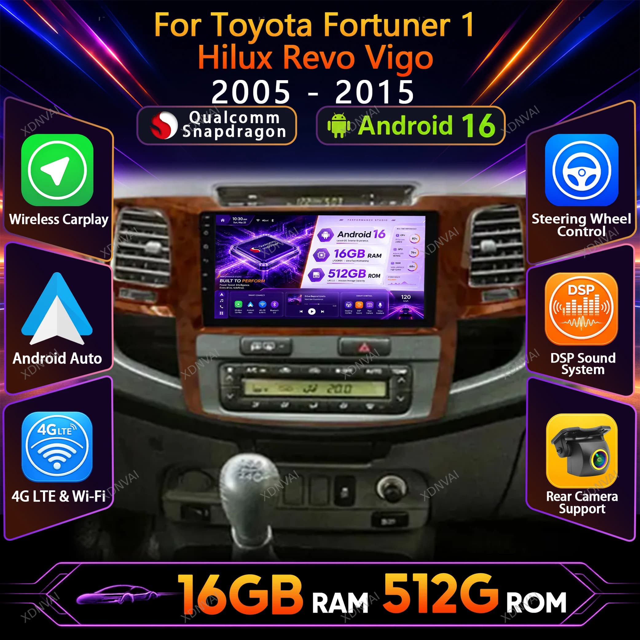 Android 16 Car Radio For Toyota Fortuner 1 Hilux Revo Vigo 2005 - 2015 Multimedia Video Player DSP Navigation 4G LTE Carplay RDS