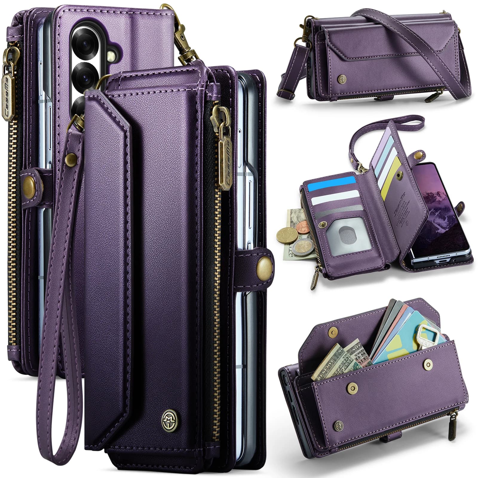 Diagonal Span Long Rope Zipper Multi Card Flip Wallet Leather Case for Samsung Z Fold 8 Ultra 7 Shockproof For Magsafe Cover