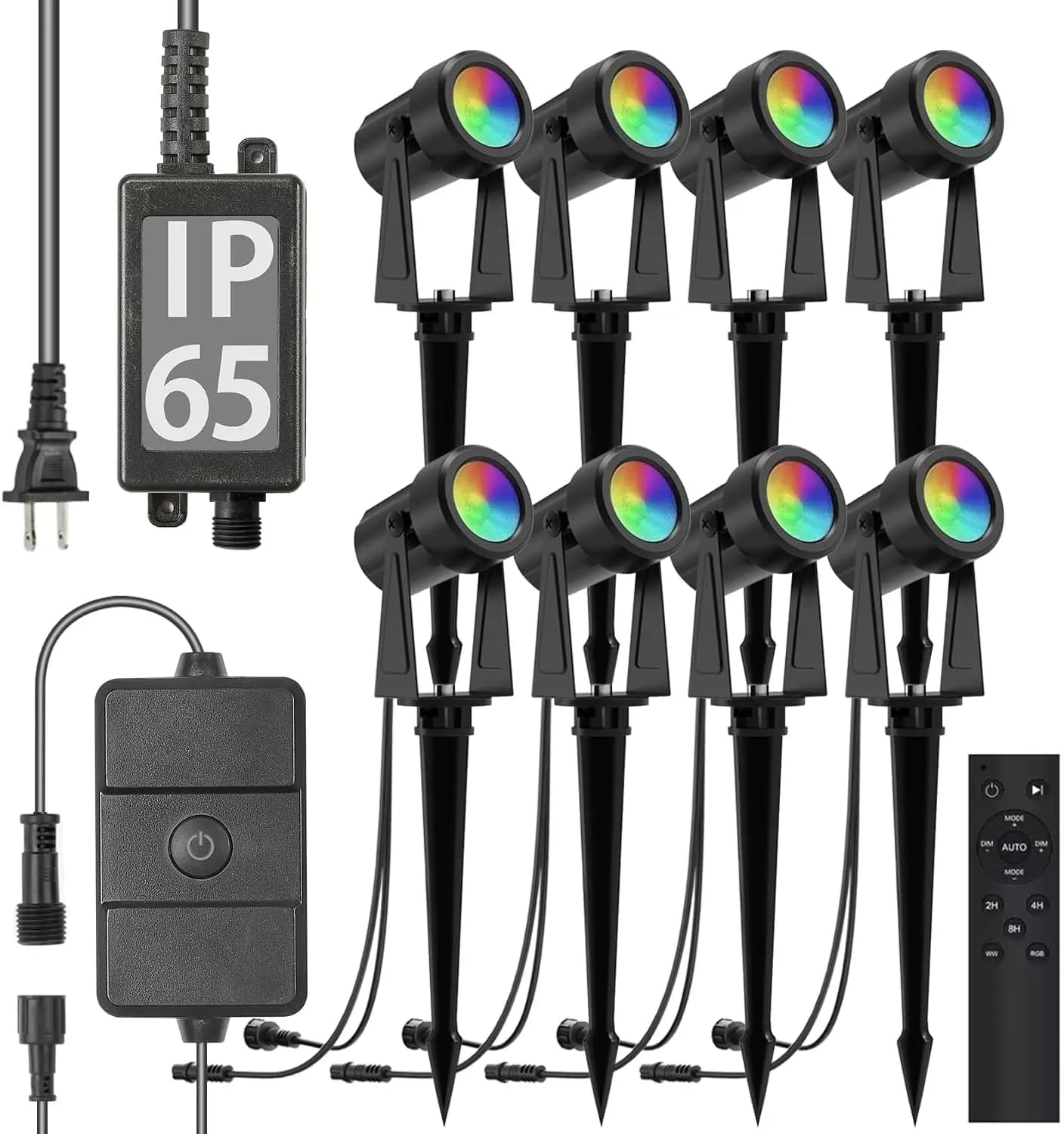 Faretti da esterno che cambiano colore RGBW da 8 pezzi con telecomando e timer per l'illuminazione del paesaggio del giardino