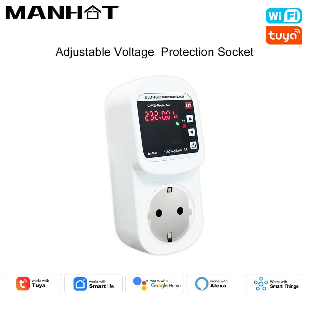 Presa Intelligente WiFi Tuya 16A con Protezione Regolabile per Tensione e Corrente, Misurazione Multipla, Controllo Remoto tramite App, Compatibile con Google Home, Spina EU