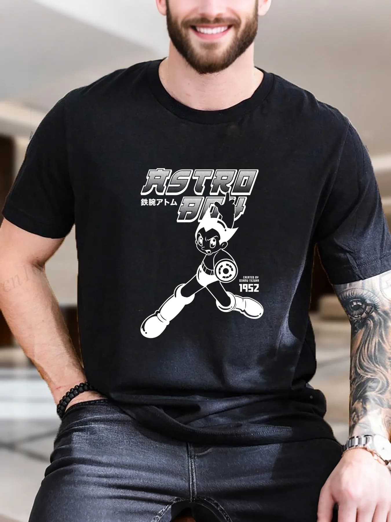 T-shirt a maniche corte stampata da uomo - Design fotografico quadrato bianco e nero, 100% cotone, morbida e traspirante, casual e alla moda, perfetta