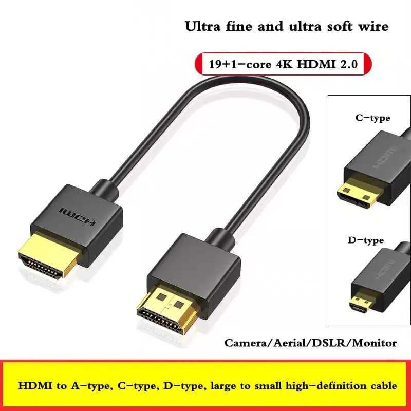 Mini Micro to HDMI-Compatible High Definition Cable 2.0 Ultra Soft Thin Line Short Mini 4K60Hz Suitable for DSLR Canon Camera