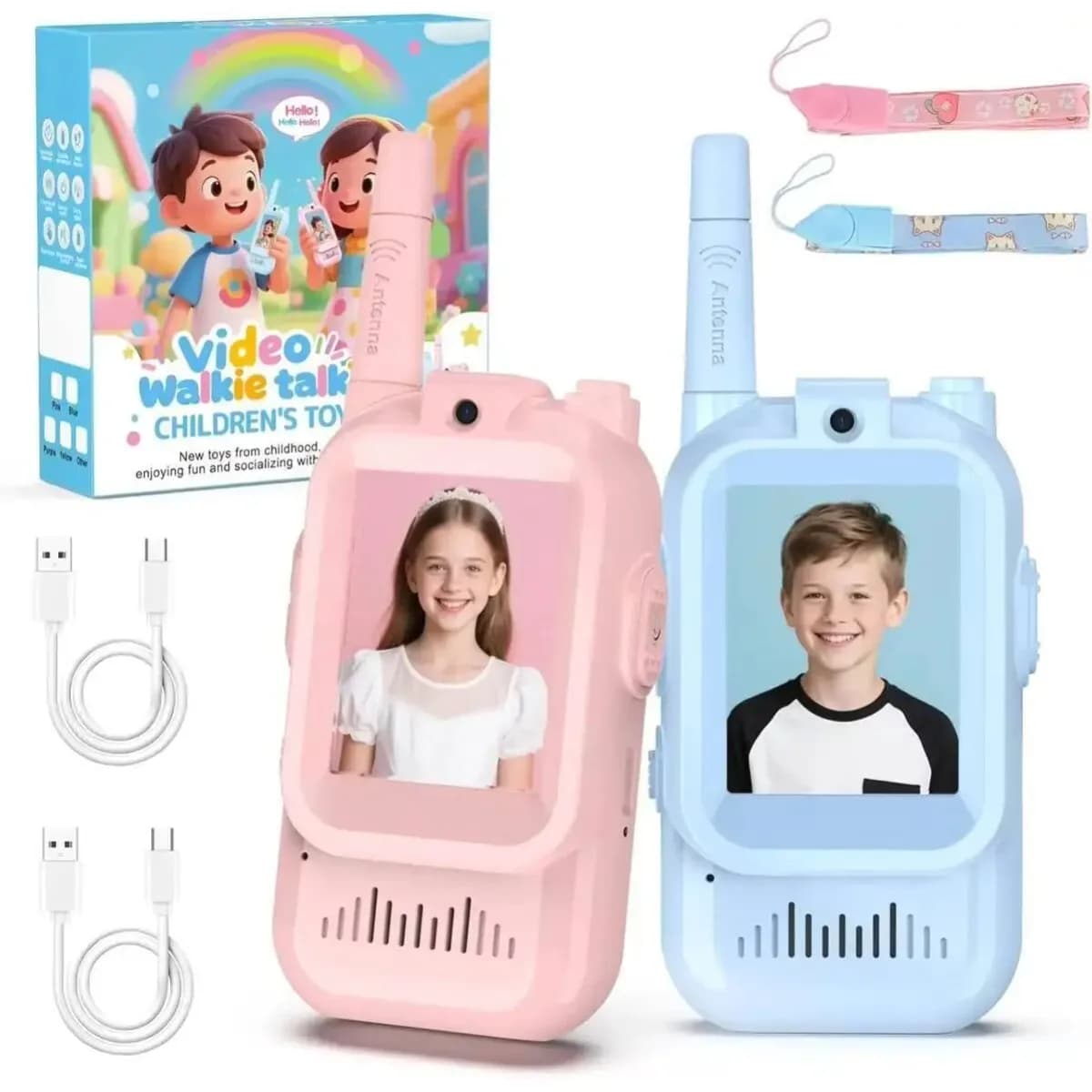 Set walkie-talkie video per bambini 2 pezzi ricaricabili schermo ad alta definizione da 2 pollici chiamata con un clic regalo interfono per cartoni animati