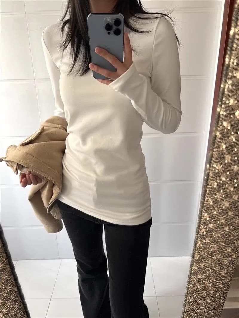 Soft White Loose Long Sleeve Women's T-shirt High Collar Midi Base Layer Shirt Korean Style Versatile Comfortable Breathable