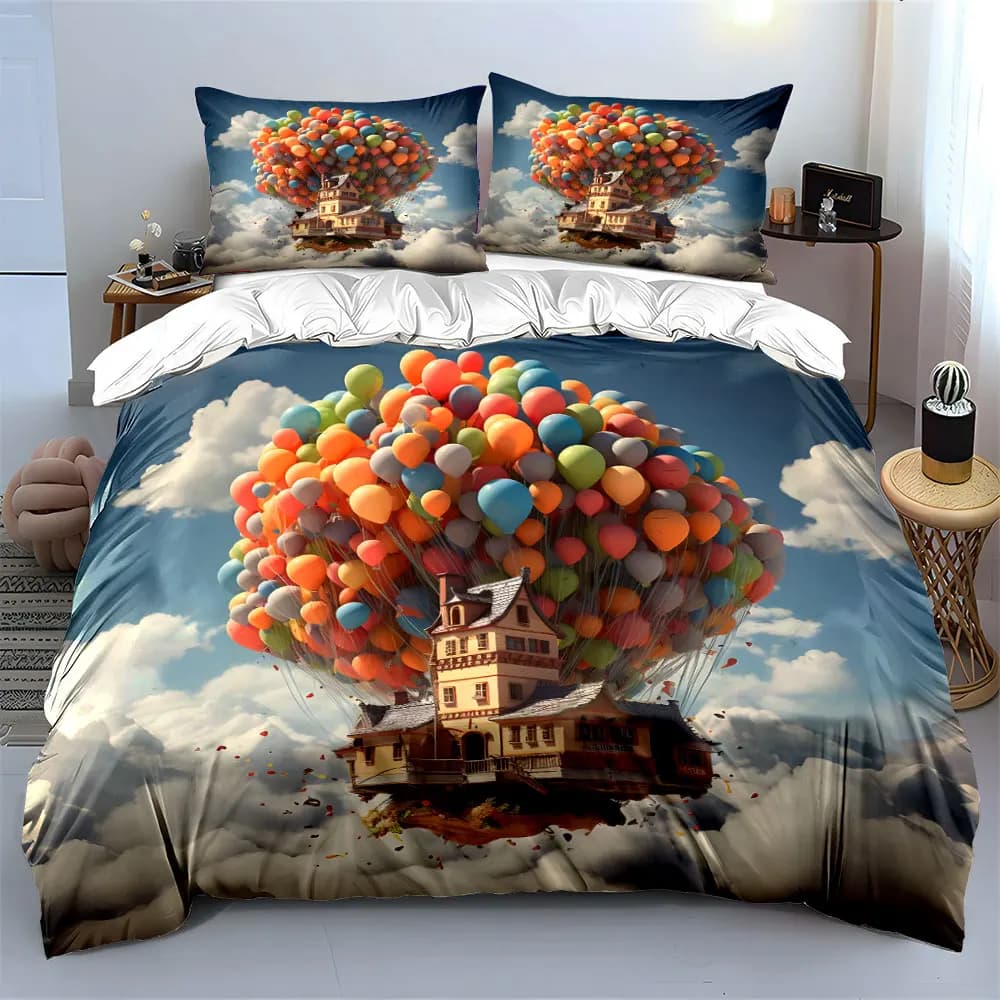 Set di biancheria da letto Floating House Balloon Decor, morbido e delicato sulla pelle, include 1 copripiumino e 2 federe, regalo