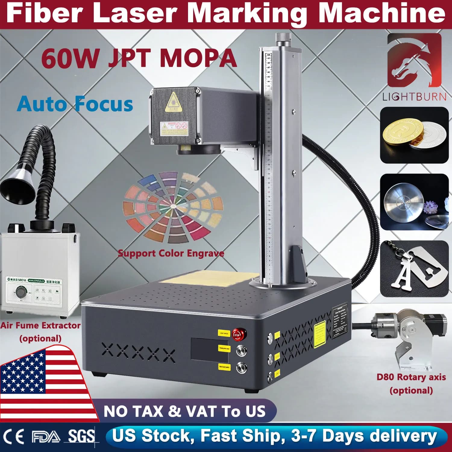 JPT AUTO FOCUS 60W 100W MOPA Fiber Laser Marking Machine for Metal Engraving, Table Engraver with Lenten 200x200mm
