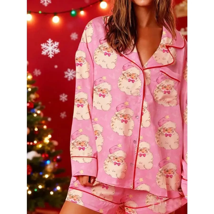 Womens Satin Christmas Pajama Set Button Down Top Shorts Festive Print Loungewear