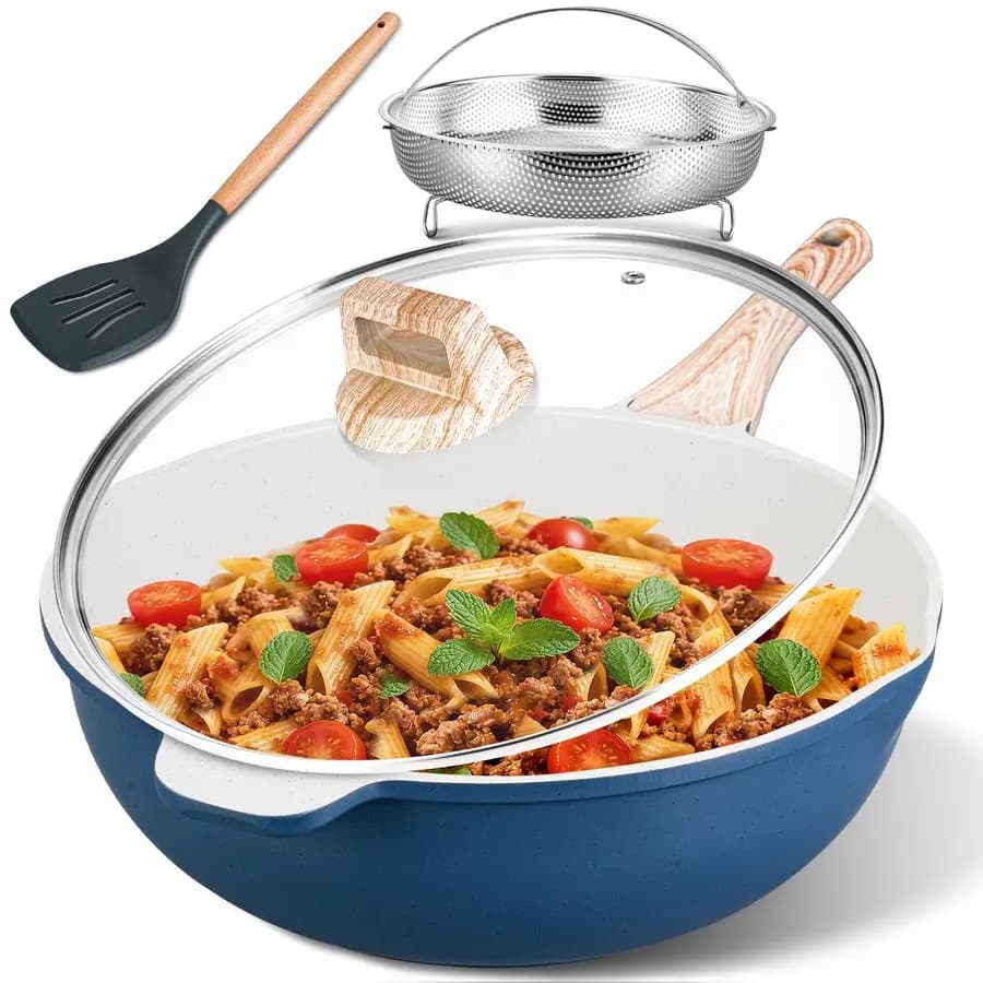 11 inch non-stick ceramic pan with lid, 5 QT pan for cooking with steam grill, large healthy pan, stay Co