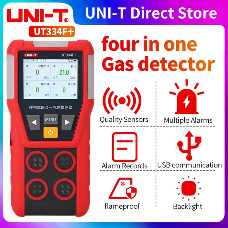 UNI-T UT334F+ Multi Gas Detector Gas Meter O2 H2S CO LEL Oxygen Hydrogen Sulfide Carbon Monoxide Combustible Gas Leak Detector