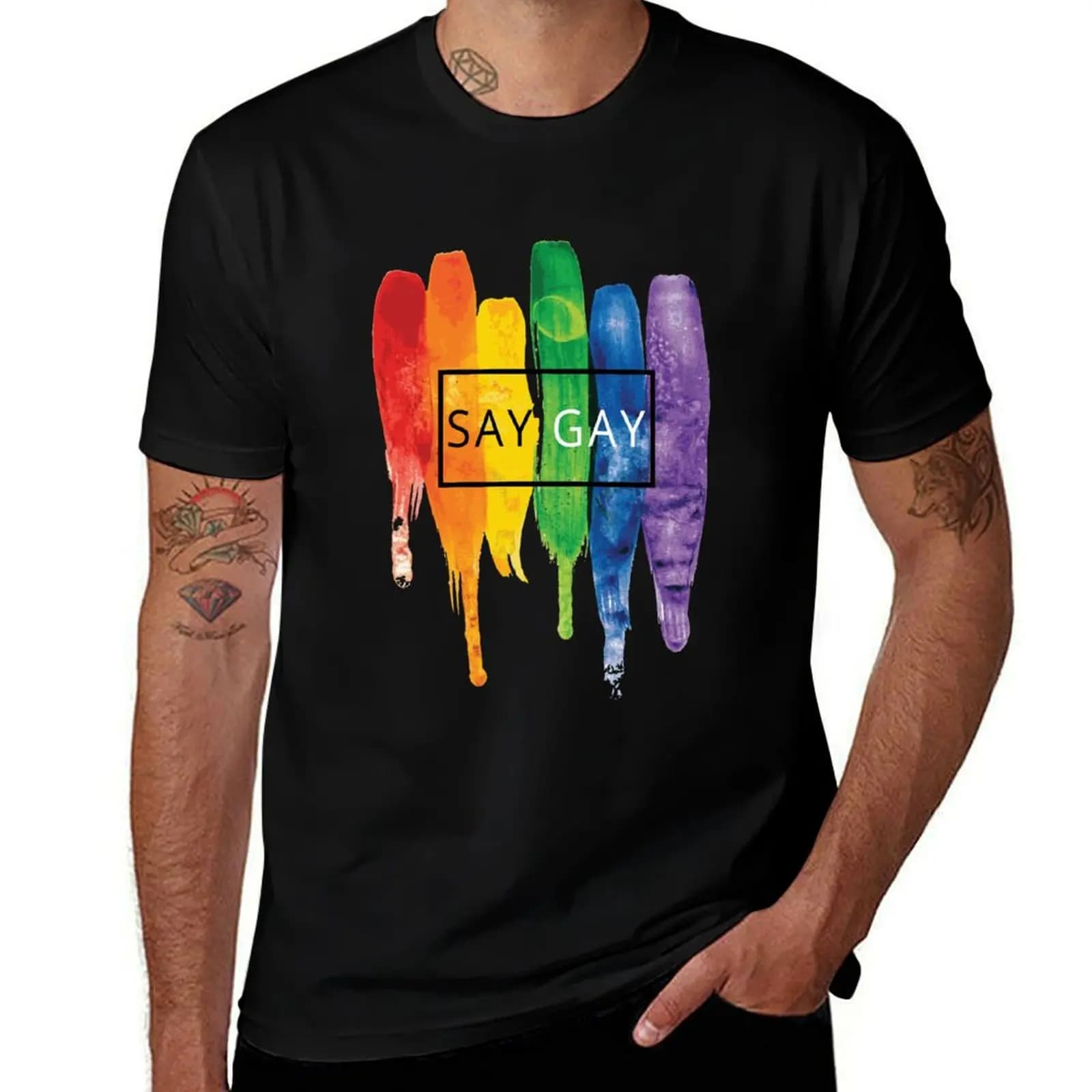 T-shirt Say Gay Rainbow, maglietta estiva casual dal taglio ampio
