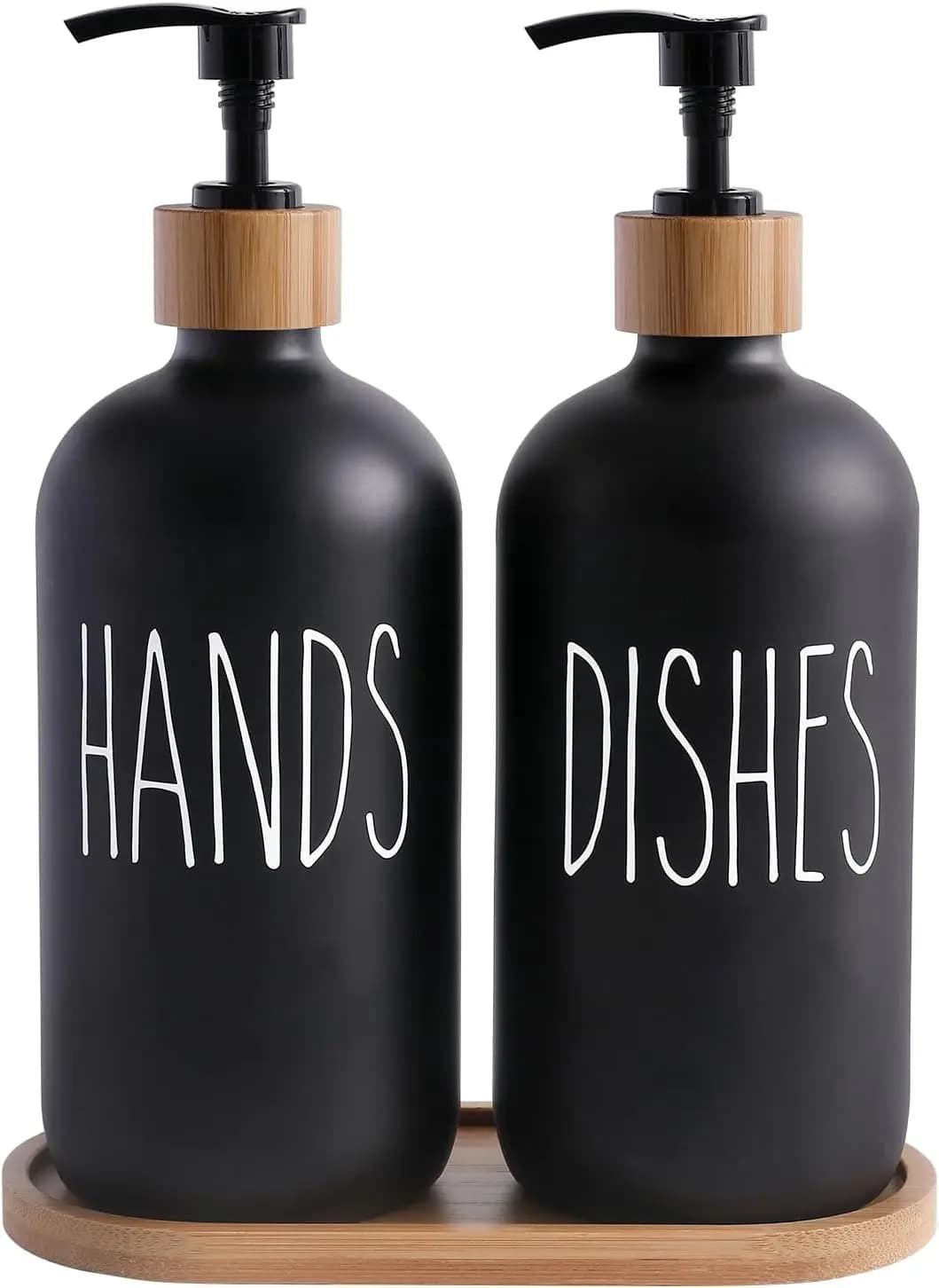 Set Dispenser di Sapone in Vetro per Cucina - Bottiglie per Sapone Mani e Piatti con Pompa in Bambù e Vassoio, Arredamento Rustico