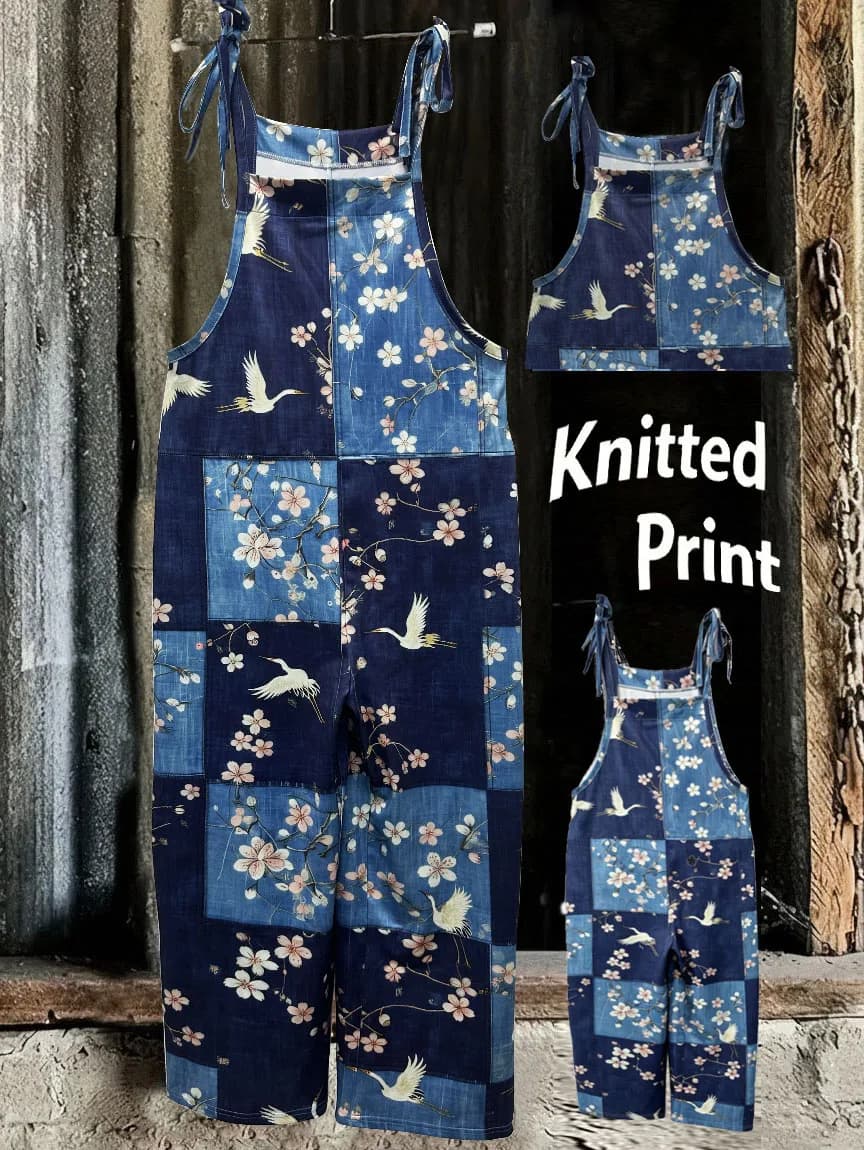 Vintage European & American Style Crane and Plum Blossom Patchwork Denim-Effect Print Jumpsuit Overalls