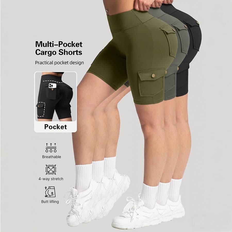 Women's Cargo Shorts with Pockets, High Waist, Push-Up Effect, Cycling Leggings, Elastic Slim Sports Shorts for Jogging and Training