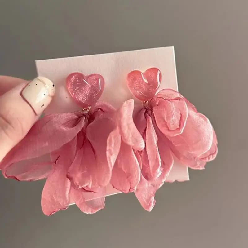 Orecchini pendenti a fiore in tessuto a rete per donna, orecchini a cuore in acrilico rosa, gioielli da viaggio per vacanze al mare, regalo per feste