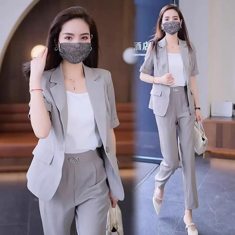Women's Summer New Fashion Short Sleeved Suit Pants Two Piece Korean Elegant Thin Casual Blazers Jacket Trousers Matching Set