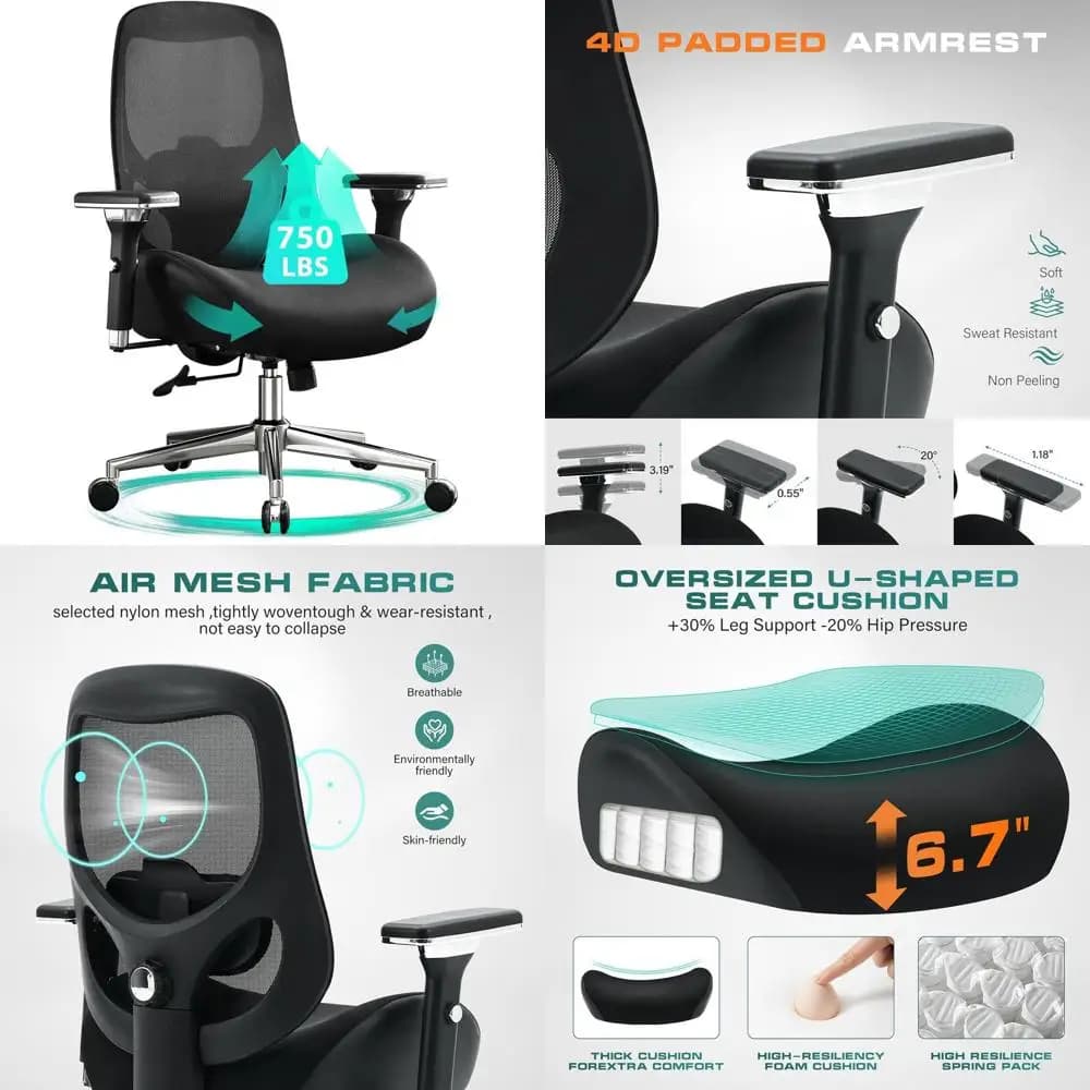 Sedia da Ufficio Ergonomica in Rete per Persone Alte e Robuste, Cuscino Ampio, Supporto Lombare Regolabile, Braccioli 4D per Lavorazioni Prolungate