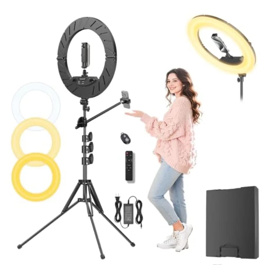 Anello Luminoso da 18 Pollici con Supporto, Luce LED 55W 6700K, Treppiede da 63 Pollici, Supporto Telefono Regolabile Multi-Angolo, per iPhone e Telefoni Android