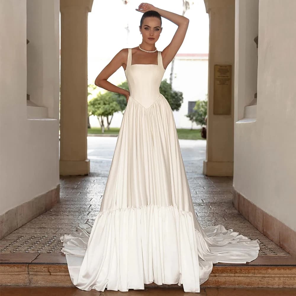 Customized Modern Wedding Dress Square Collar A Line Ivory Satin Wedding Gown for Woman 2026 Bride Ruched Sleeveless Bridal Gown