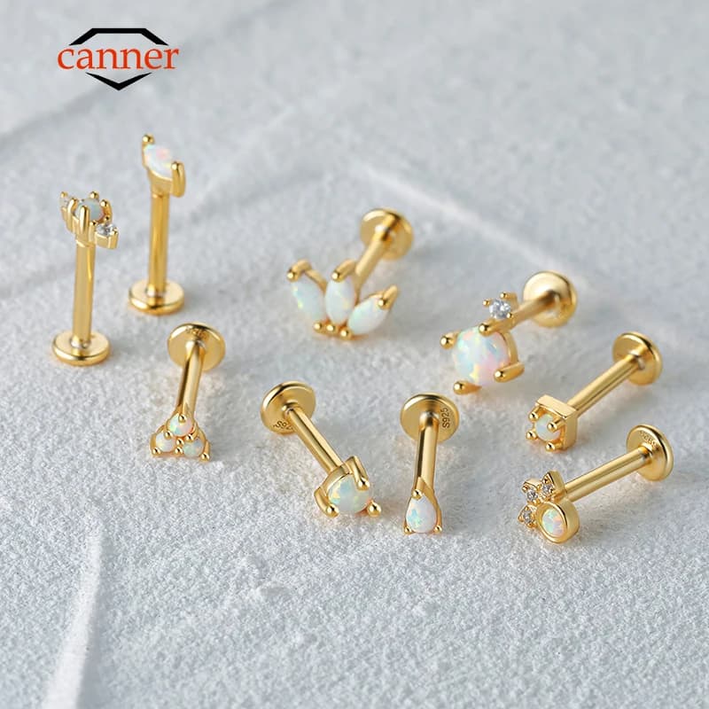 CANNER 1PC 925 Sterling Silver squisita corona opale orecchino penetrante per le donne orecchini a bottone cartilagine orecchino gioielli per il corpo regalo