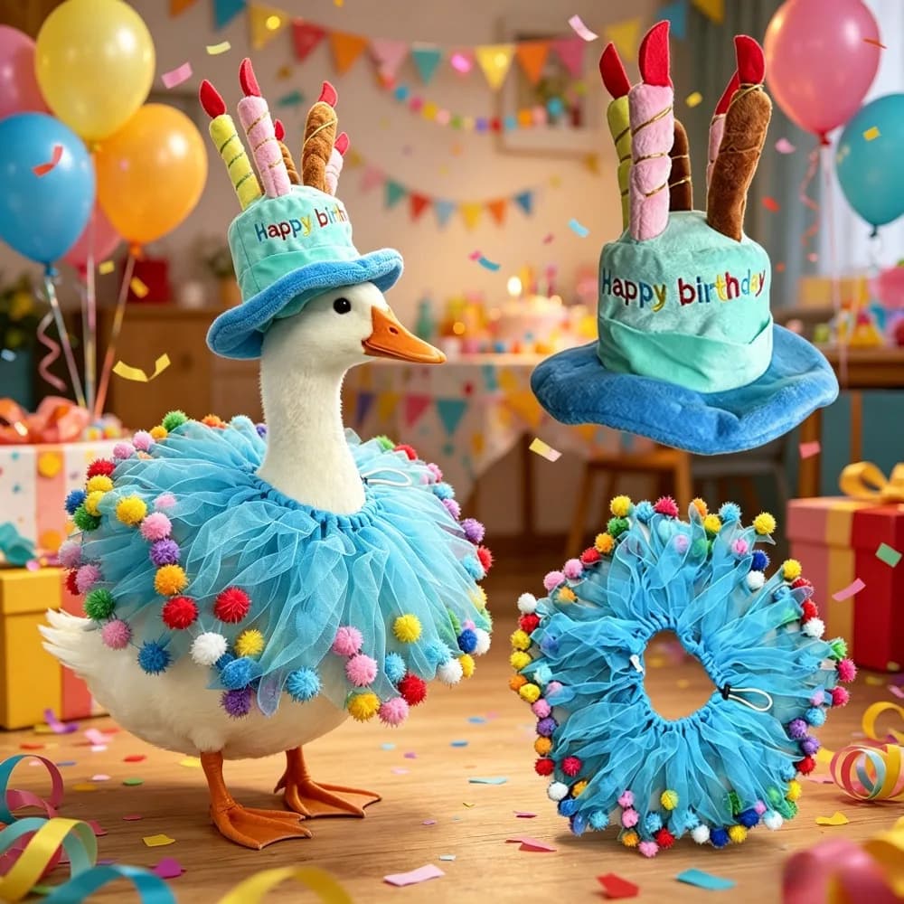 2026 New Holiday Party Porch Goose Clothing Set 23 Inch White Goose with Birthday Hat Scarf Decoration