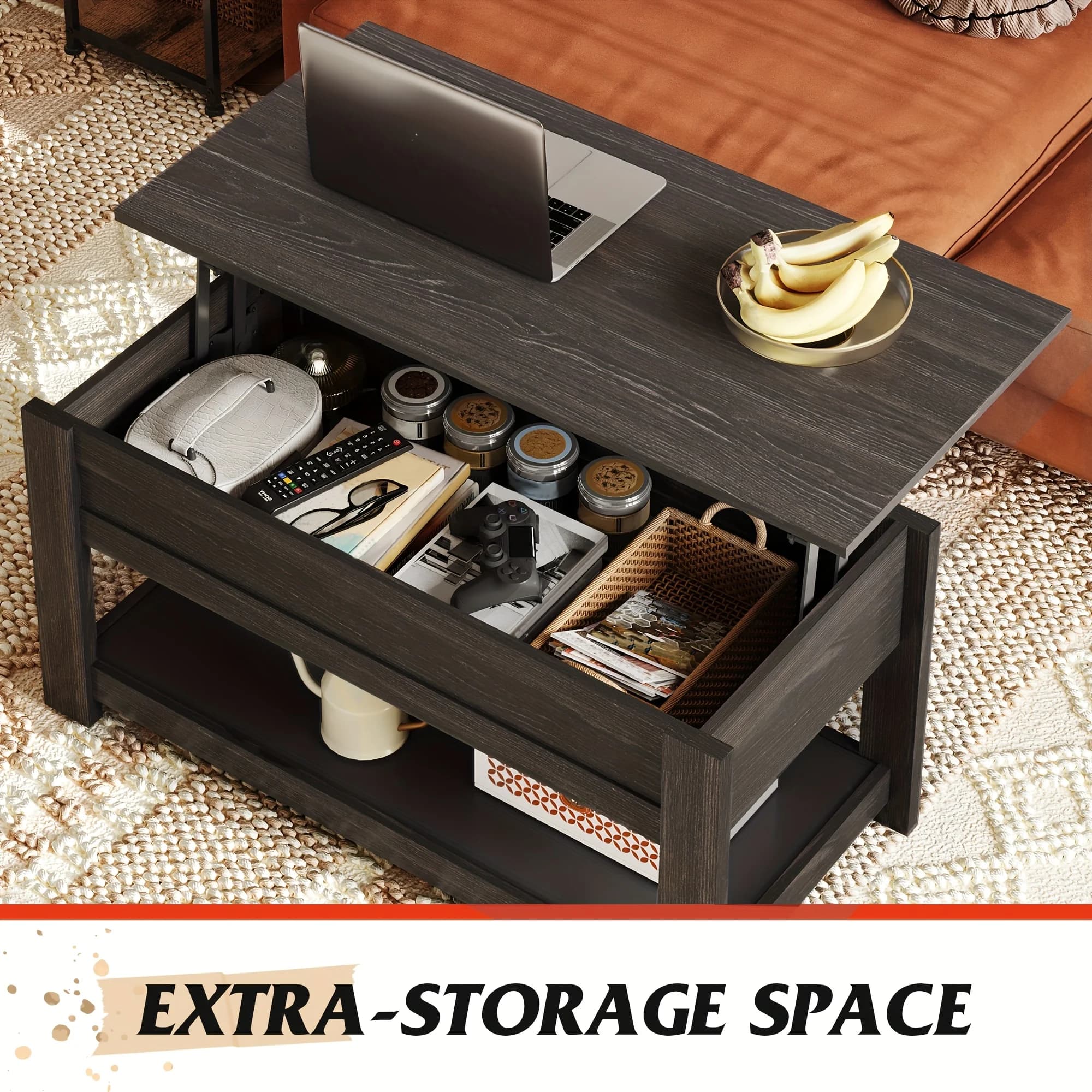 39 inch liftable coffee table with hidden compartment and storage shelf, suitable for living room and bedroom