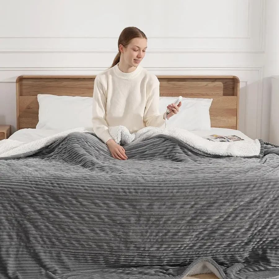 Coperta riscaldante completa a righe in flanella e sherpa spesso, 5 livelli di calore e spegnimento automatico dopo 10 ore, certificata FCC ETL