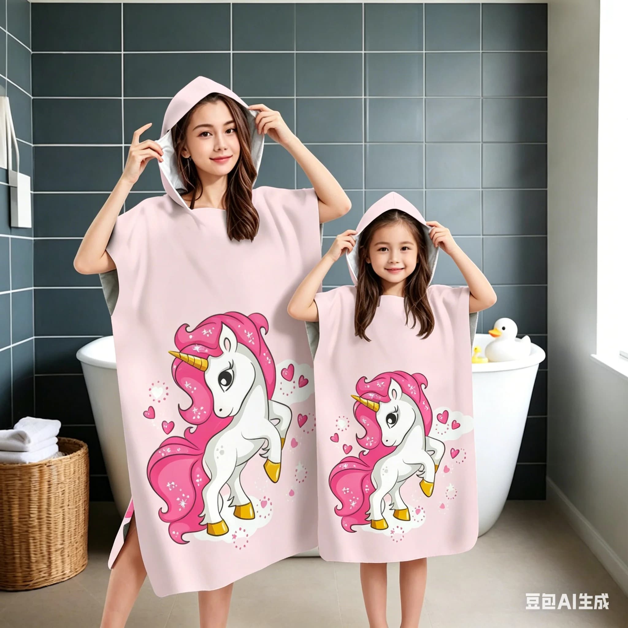 Accappatoio con Cappuccio per Genitore-Figlio con Stampa Unicorno Rosa, Asciugamano Indossabile ad Asciugatura Rapida per Spiaggia e Piscina