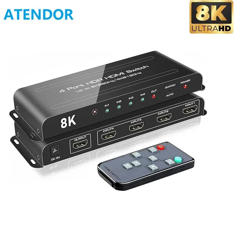 Interruttore compatibile HDMI 8K @ 60hz Interruttore automatico 4 in 1 uscita Telecomando IR 4K @ 120Hz HDR Dolby Vision DTS Dolby Atmos AC3 per PS5
