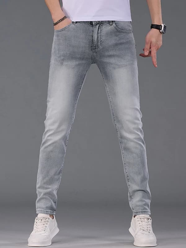 High-End Light Grey Laser Engraving Men's Jeans Spring Summer Thin Casual Brand Lightweight Slim Fit Casual Long Pants
