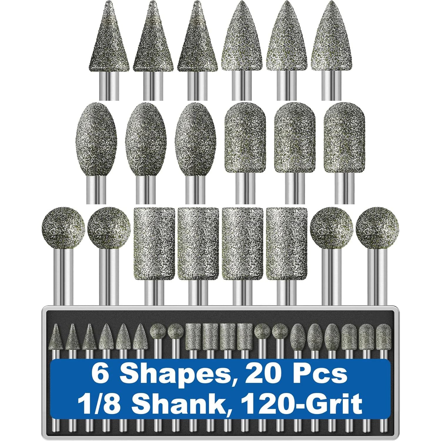 20Pcs 120 Grit Diamond Grinder Bit 1/8" Shank Compatible with Dremel Rotary Tool Attachment Accessories Grinding Burrs Quartz