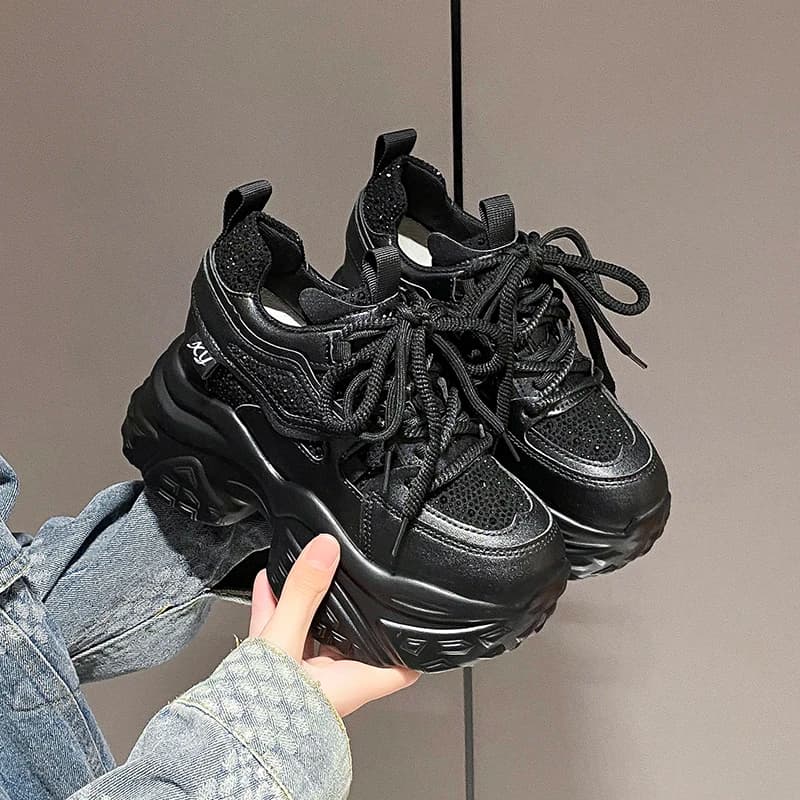 Nuovo 11 centimetri Della Piattaforma Bling Paillettes Sneaker Stivali 9 centimetri di Altezza Crescente Lace Up Autunno Inverno Scarpe Da Donna Stivali con Suola con Bottone Spesso