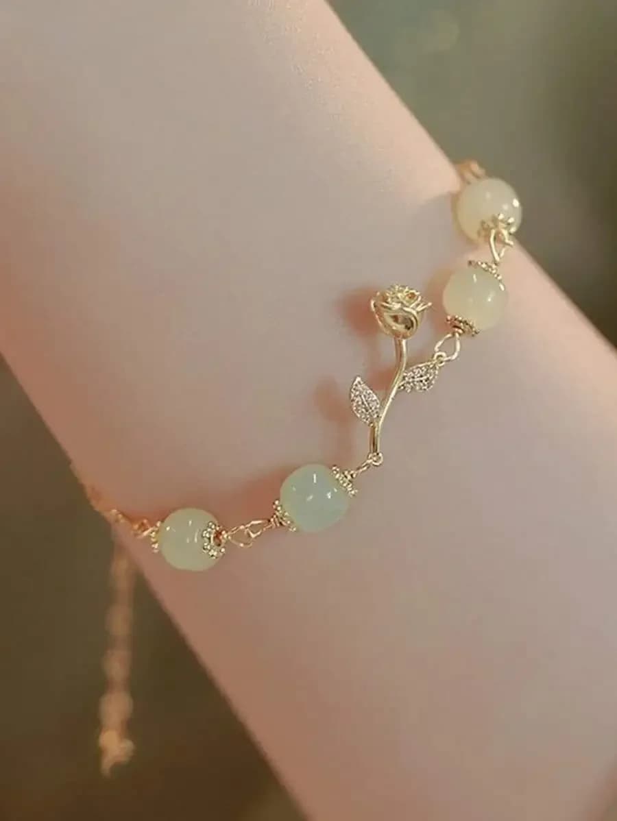 Blue and white agate beaded rose chain bracelet