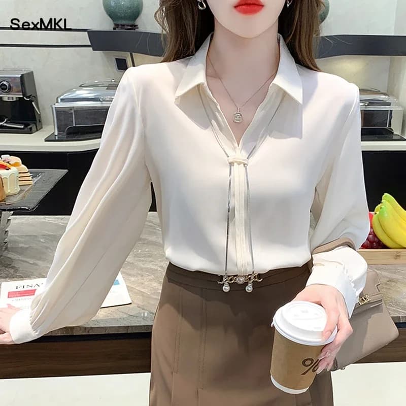 Eleganti Camicette in Chiffon da Ufficio Donna 2026 Autunno Inverno Maniche Lunghe Bianche Rosa Stile Coreano Camicie Larghe da Lavoro OL Top da Donna