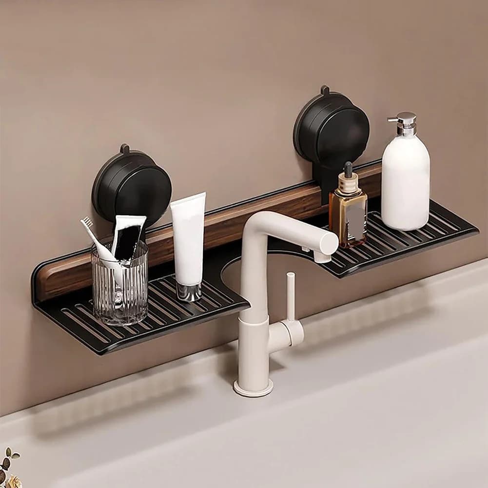E5 Walnut Suction Cup Bathroom Shelf Makeup Organizer Wall Mounted Sink Shelf Heavy Duty Storage Rack Bathroom Home Accessories