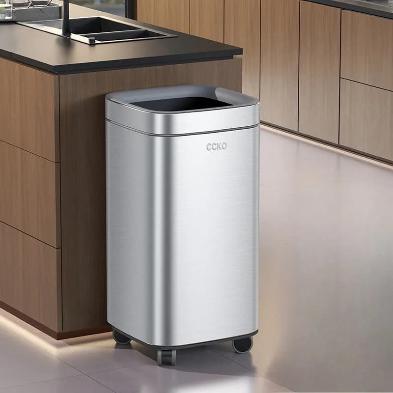 Modern Stainless Steel Trash Can Minimalist Rectangular Large Trash Bin Luxury Bathroom Wastebin Kitchen Wastebasket with Wheels