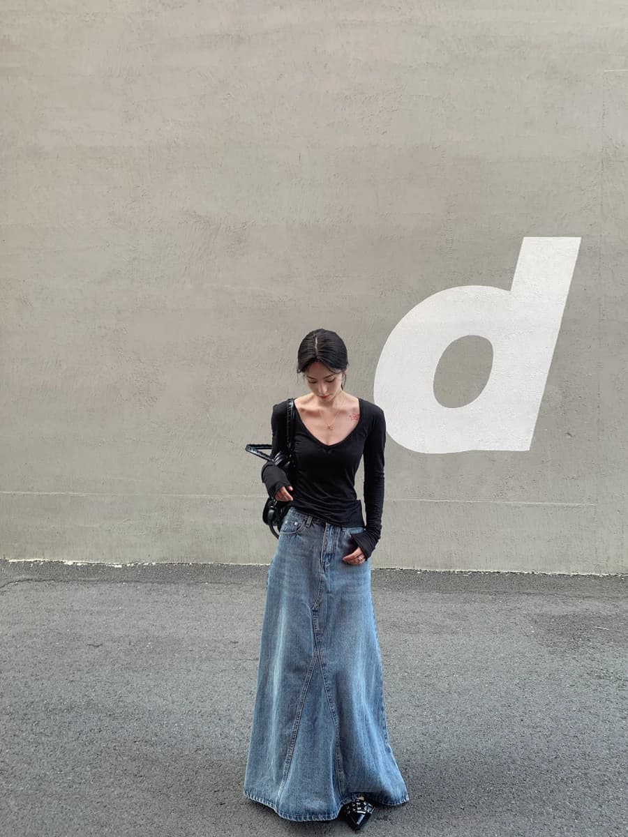 SMBL RAIN Vintage Washed Blue Denim Skirt High Waist A-Line Long Midi Skirt Trendy Style Teen Girls Polyester Cotton Blend
