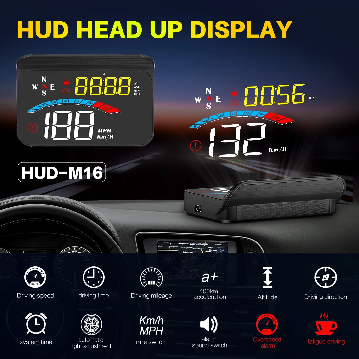 Display HUD Universale per Veicoli M16, Mini Cruscotto Digitale, Proiettore Tachimetro per Parabrezza 3.5\", Garanzia 1 Anno