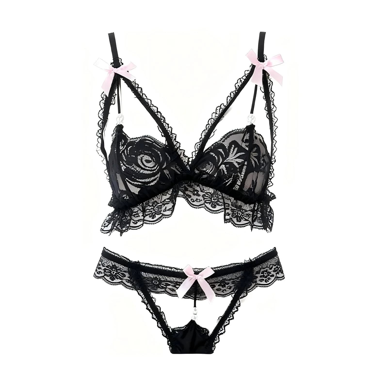 Sexy Bras Lingerie Trasparente Women Night Outfit Sets Bow Pearl Deep V Bra Crotchless Thong Set Sexy Two Piece Underwear Set