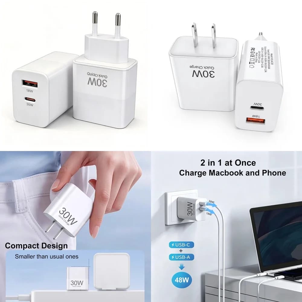 30W USB C Wall Charger Dual Port EU US Plug Efficient Charging Brick for iPhone 17 16 15 Pro Max Samsung Galaxy S26 S25 S24 Plus