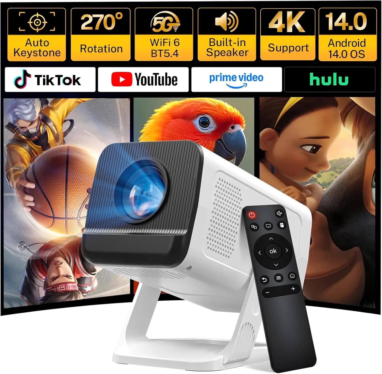 Mini Proiettore Portatile con WiFi, Bluetooth, Supporto 1080P/4K, Sistema Operativo Android, Correzione Automatica del Trapezio per Netflix, YouTube